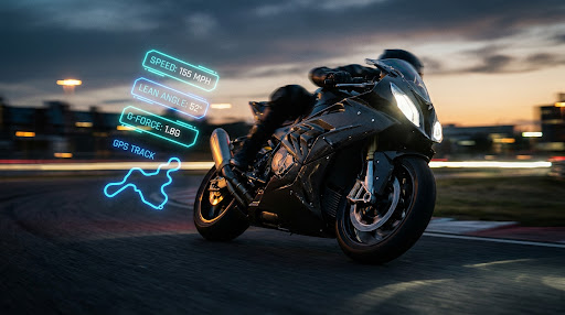 Motorcycle leaning into high speed curve with glowing cyan digital telemetry cockpit overlay
